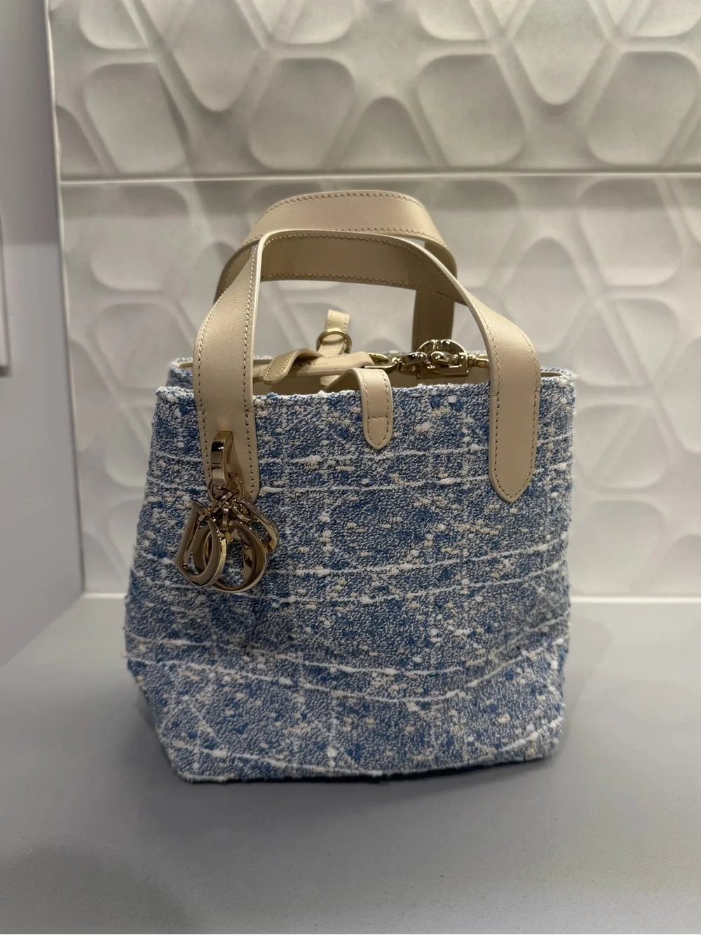 Dior Small Toujours Vertical Tote Bag Blue Tweed & Beige Leather NWT